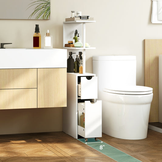 Slim Storage Freestanding Bathroom Cabinet with Open Shelves, White Floor Cabinets White at Gallery Canada