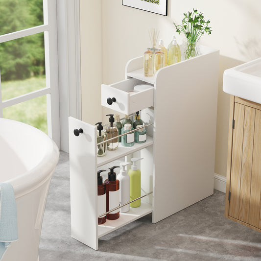 Small Bathroom Storage Cabinet 4-Tier Narrow Toilet Side Storage Cabinet with Slide Out Drawers on Casters, White Floor Cabinets White at Gallery Canada