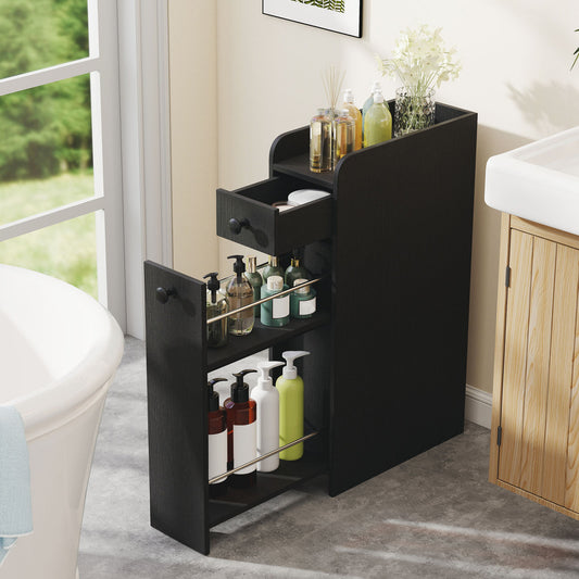 Small Bathroom Storage Cabinet 4-Tier Narrow Toilet Side Storage Cabinet with Slide Out Drawers on Casters, Black Floor Cabinets Black at Gallery Canada