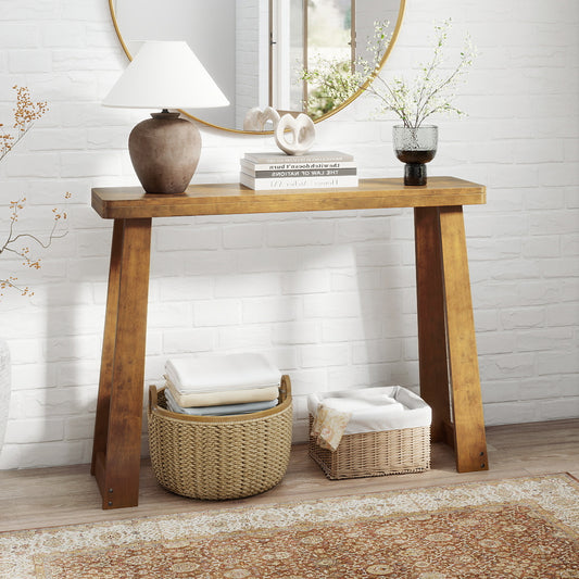 Solid Rubber Wood Console Table 43inch Narrow Entryway Table with Thick Tabletop and Stable Base, Walnut Console Tables Walnut at Gallery Canada