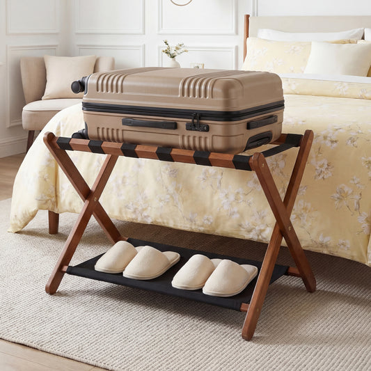 Solid Rubberwood Folding Luggage Rack With Nylon Shelves Shoe Racks & Storage Benches Options at Gallery Canada