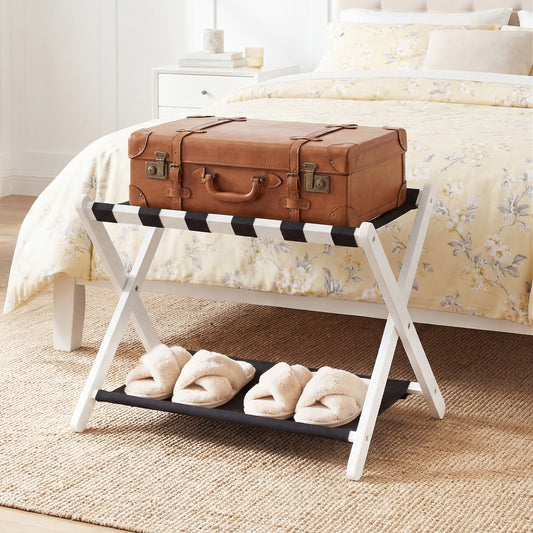 Solid Rubberwood Folding Luggage Rack, Nylon Shelves, Black & White Shoe Racks & Storage Benches Black & White at Gallery Canada