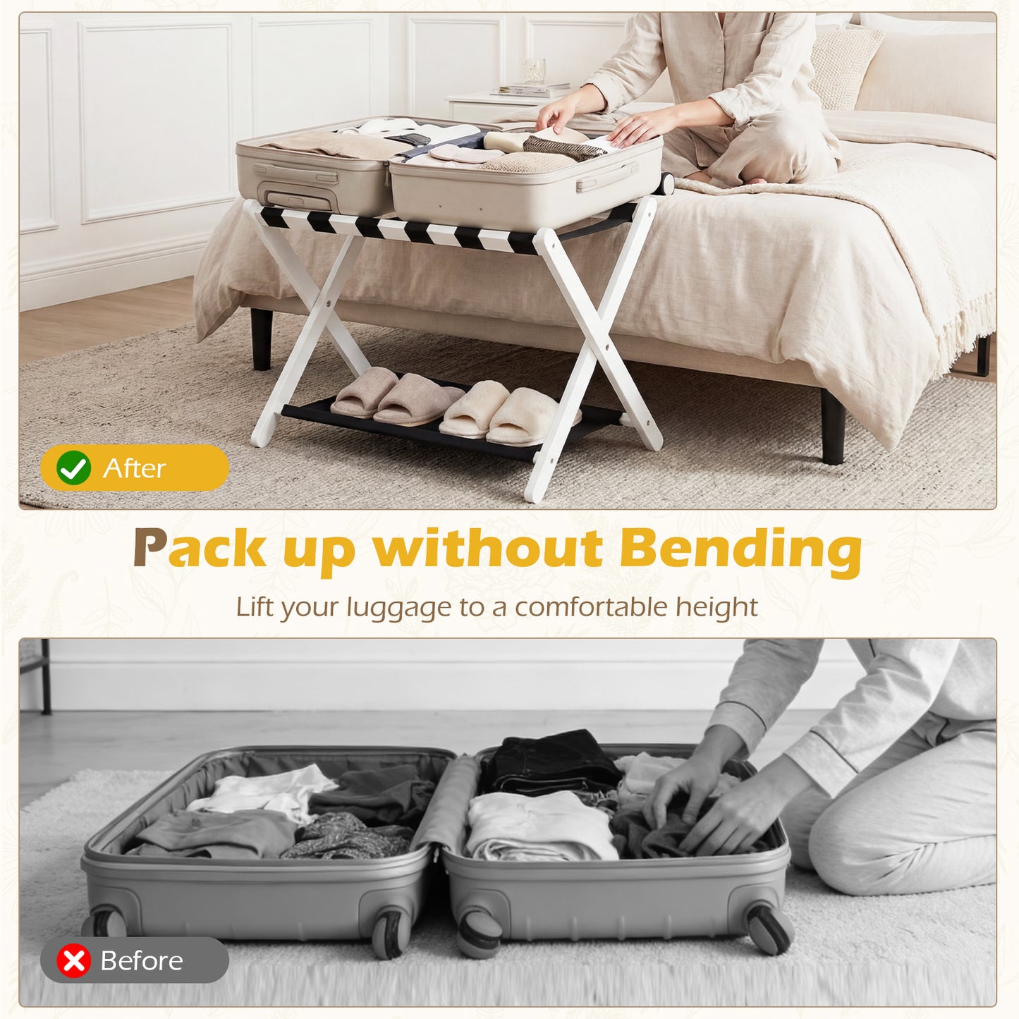 Solid Rubberwood Folding Luggage Rack, Nylon Shelves, Black & White Shoe Racks & Storage Benches at Gallery Canada