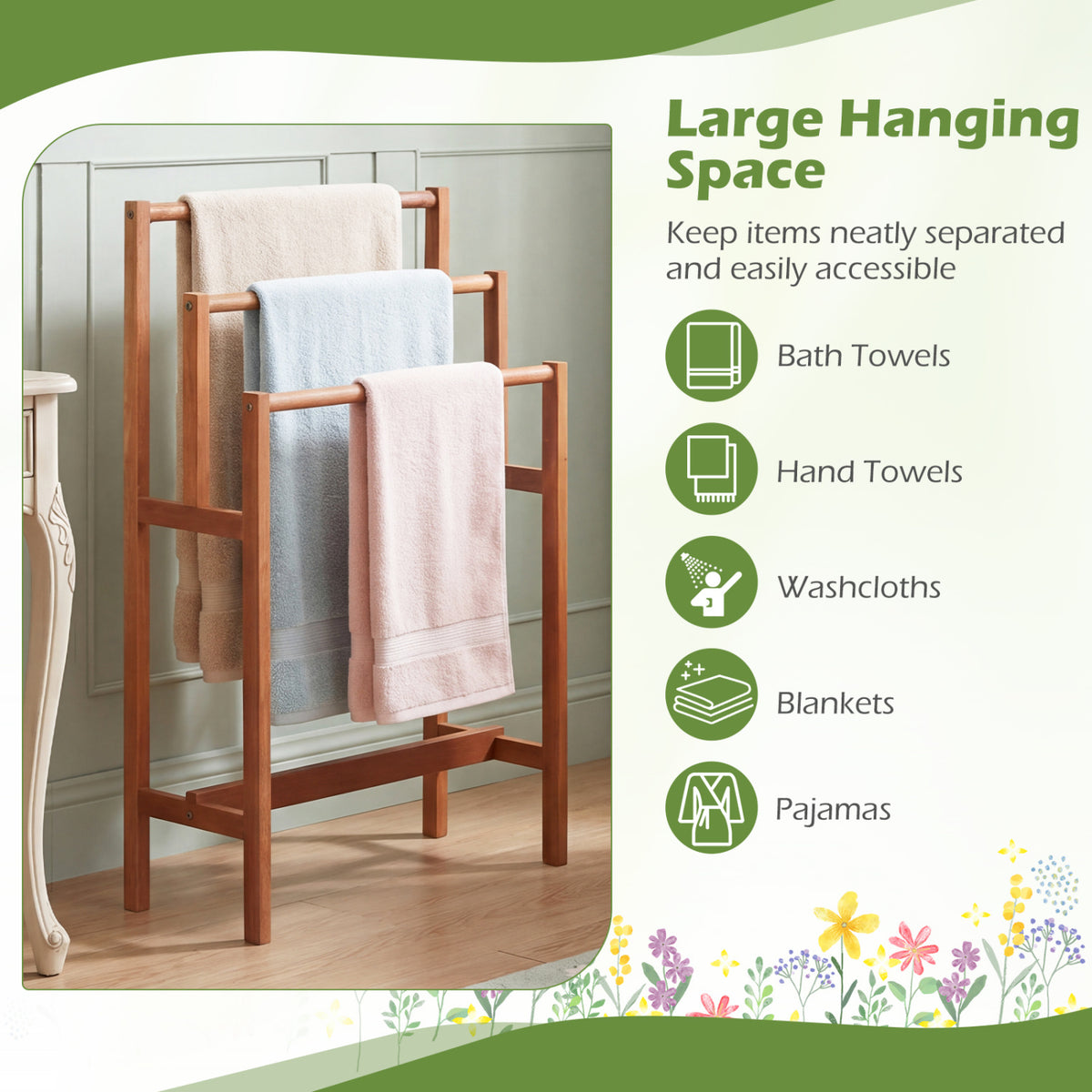 Solid Wood 3-Tier Towel Rack, Teak Oil Finish, Natural Towel Racks at Gallery Canada