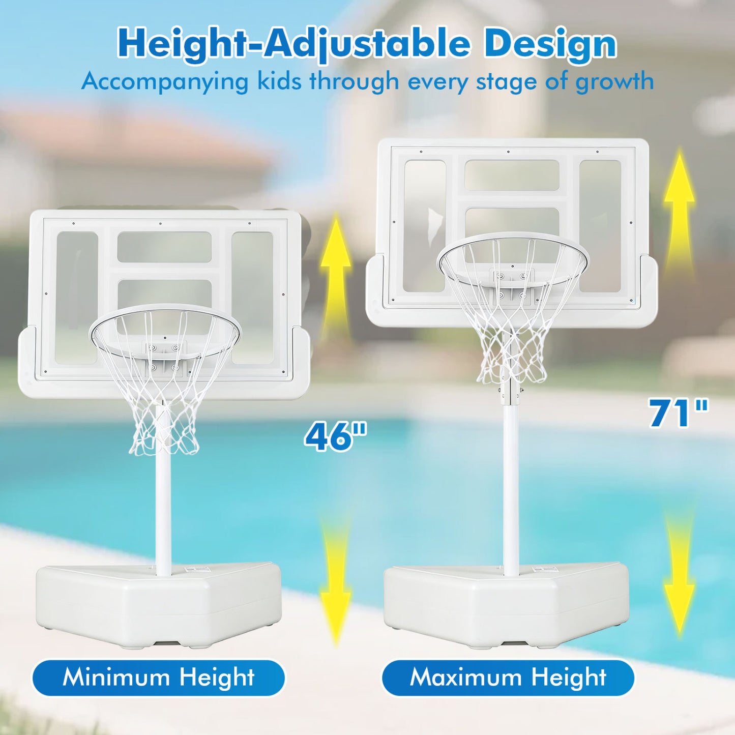 Splash & Shoot Pool Basketball Hoop, Adjustable Height, 2 Balls, Pump, White