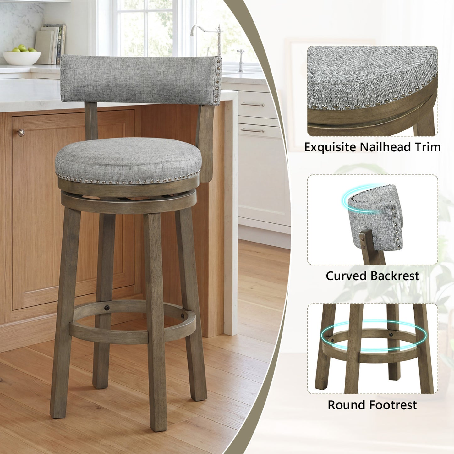 Swivel Bar Stools Set Of 2, 31.5 Inches, Linen Fabric Upholstered, Gray Bar Stools at Gallery Canada