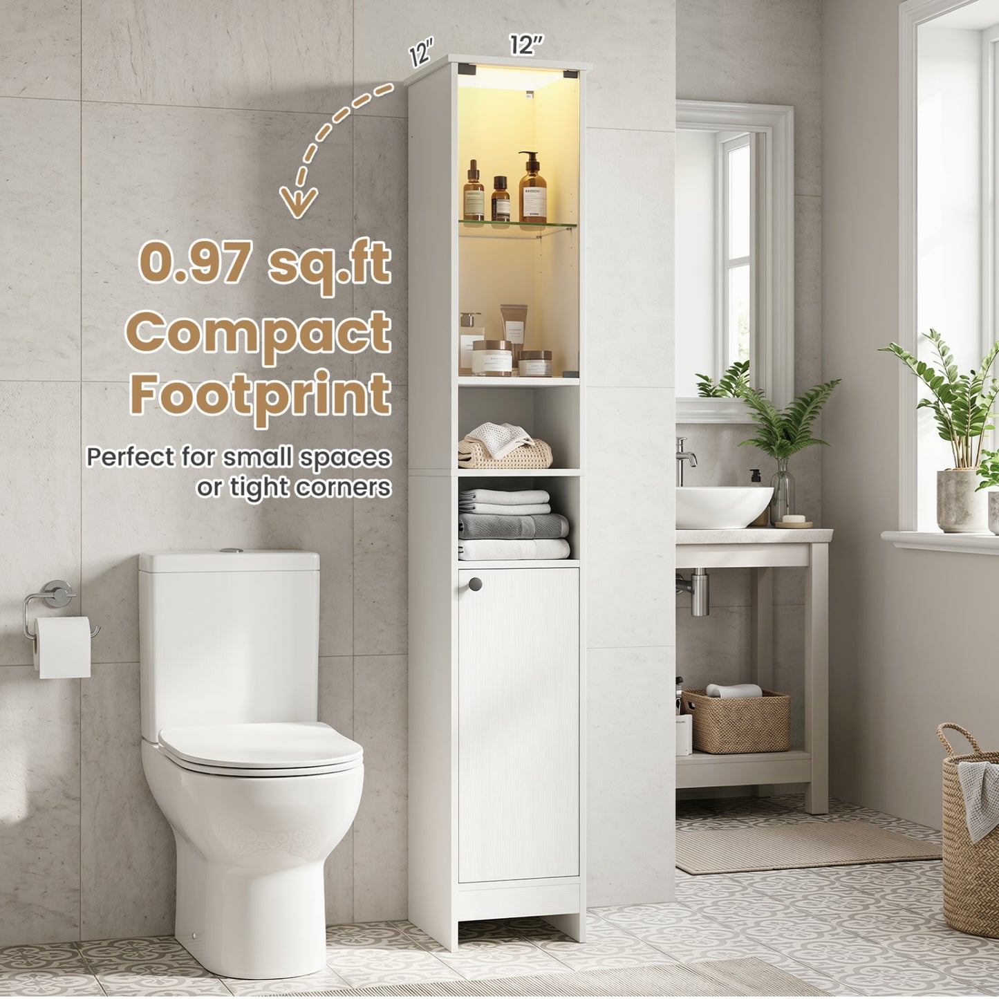 Tall Bathroom Cabinet with LED Lights, Adjustable Shelves, White Floor Cabinets at Gallery Canada