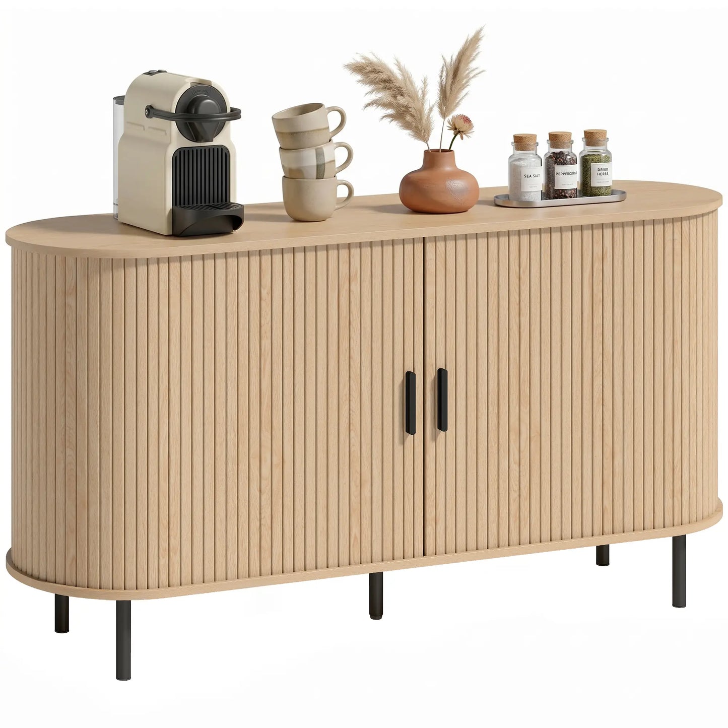 Mid Century Fluted Buffet Cabinet With Sliding Doors, 55", Natural Storage Cabinets at Gallery Canada