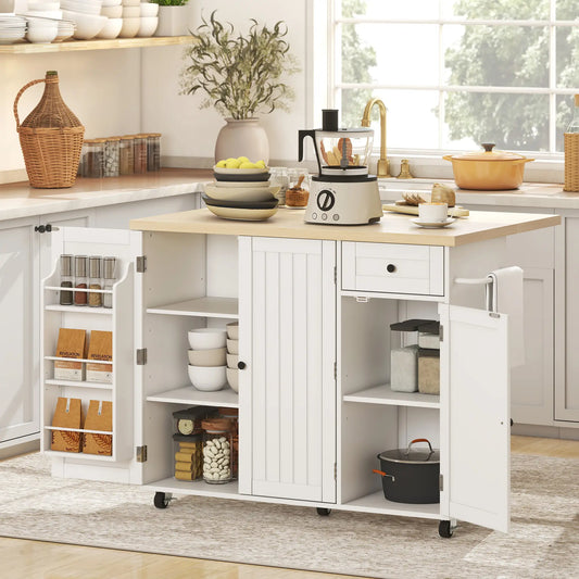Kitchen Island Cart, Rolling Table with Drop Leaf, Drawer, Spice Rack, White Kitchen Islands & Kitchen Carts White, Natural at Gallery Canada