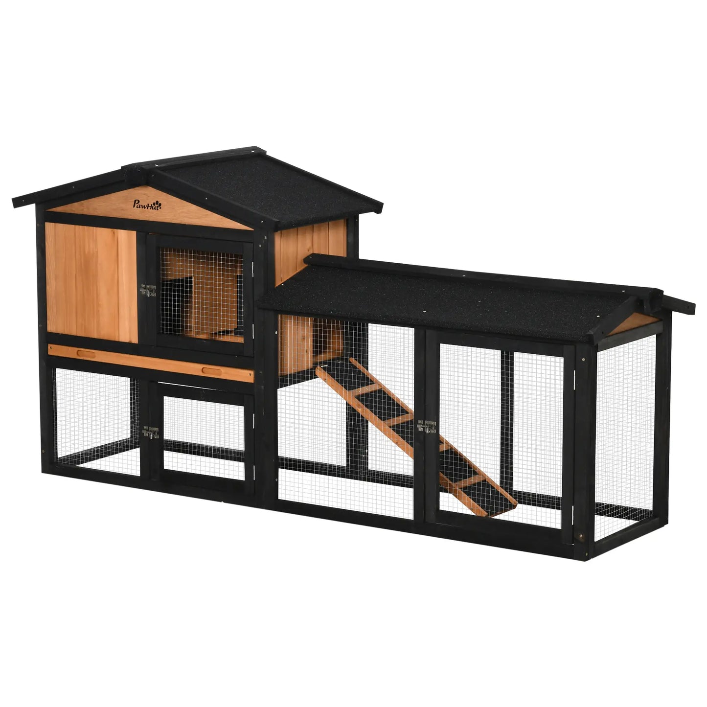Wooden Rabbit Hutch, 69", with Run Box, Slide-out Tray, Ramp, Black Rabbit Hutch at Gallery Canada