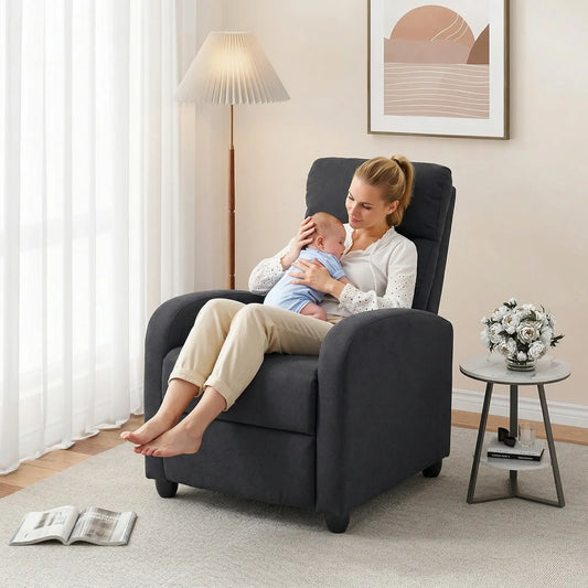 Fabric Recliner Chair, Manual Reclining Sofa, Padded Seat, Black Single Sofas Black at Gallery Canada