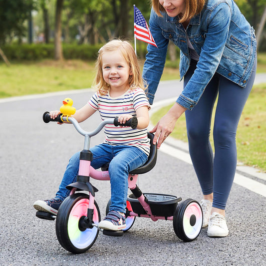 Toddler Tricycle with 3-Position Seat and Storage Basket for Kids, Pink Push & Pedal Ride On Toys Pink at Gallery Canada