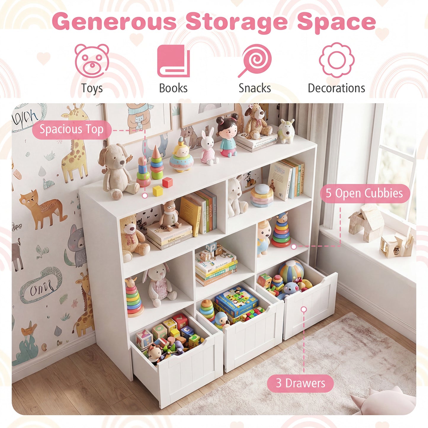 Toy Storage Organizer, 3 Drawers, 5 Cubbies, White Kids Storage at Gallery Canada