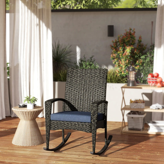 Outdoor Rocking Chair, Patio Wicker Chair, Removable Cushion, Navy Blue Outdoor Rocking Chairs Grey, Navy Blue at Gallery Canada