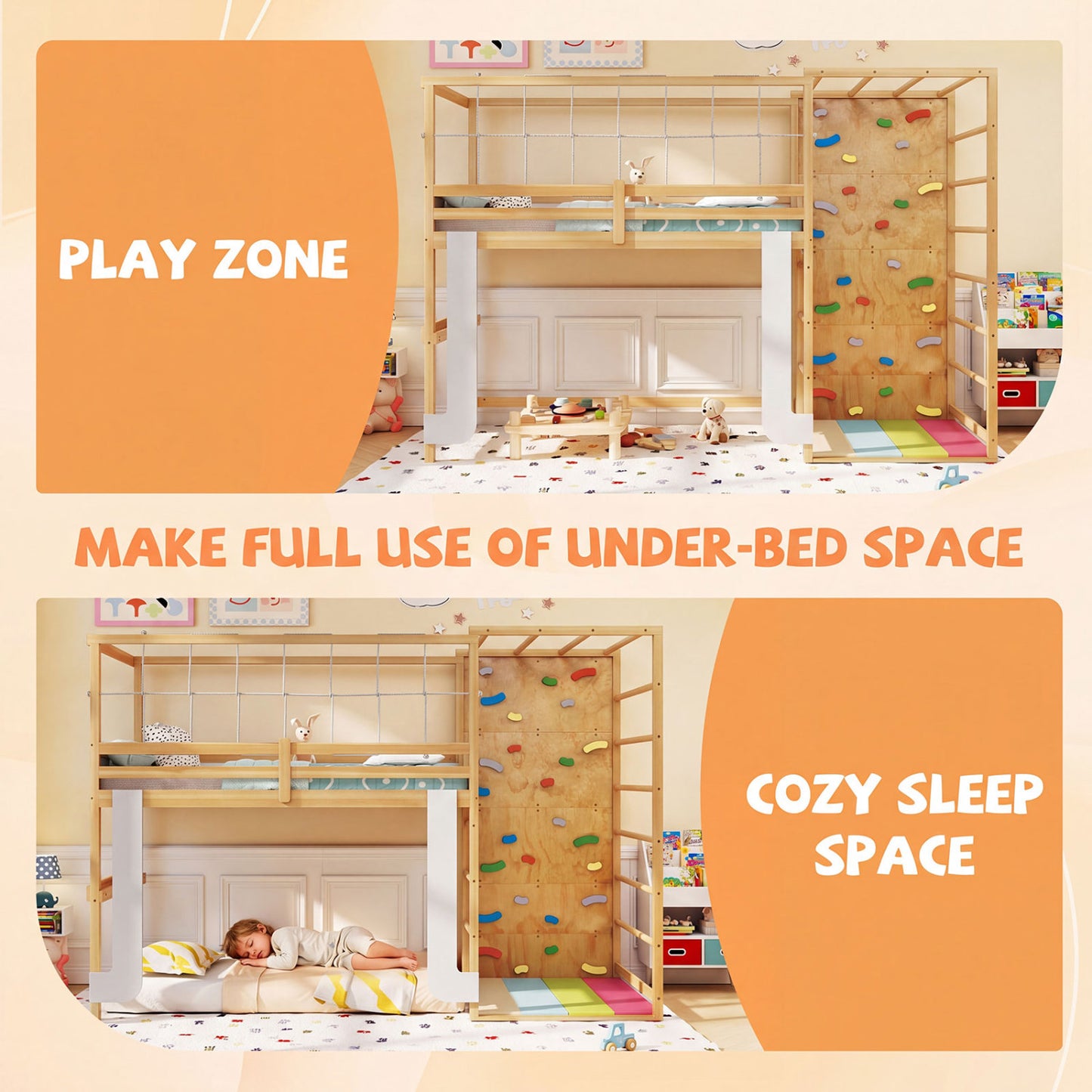 Twin Bunk Bed With Jungle Gym, Wooden Loft Bed, Climbing Ladder, Natural Bunk Bed Frame at Gallery Canada