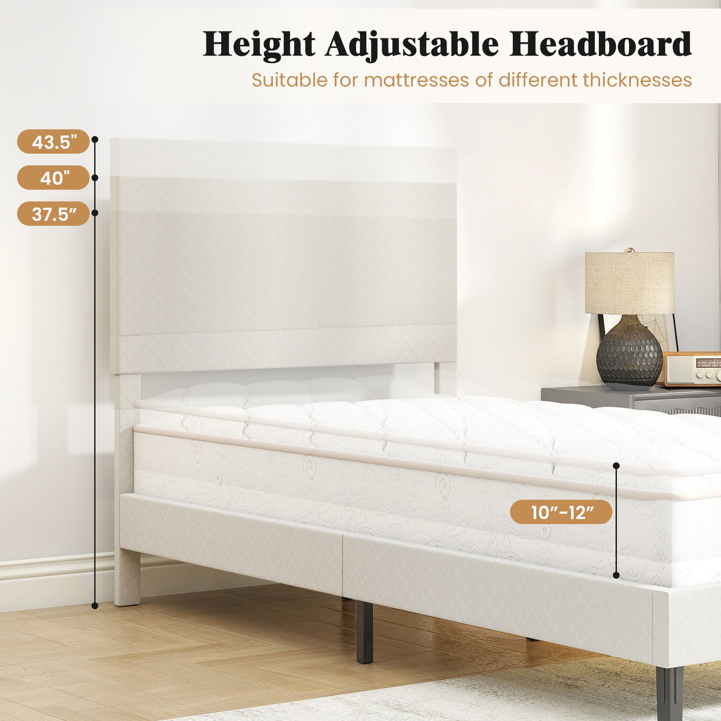 Twin/Full/Queen Size Velvet Bed Frame Upholstered Platform Bed with Chevron Headboard Beige-Twin Simple Bed Frame at Gallery Canada
