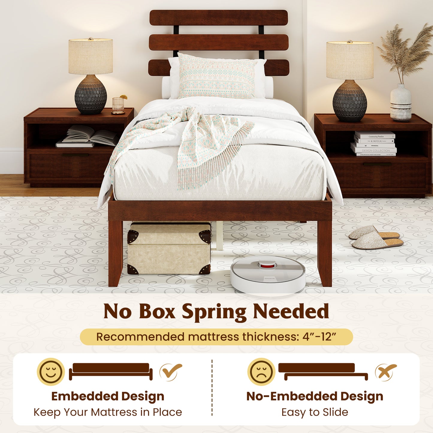 Twin Size Bed Frame, 15.5 Inch Solid Wood Platform, Retro Headboard, Walnut Simple Bed Frame at Gallery Canada