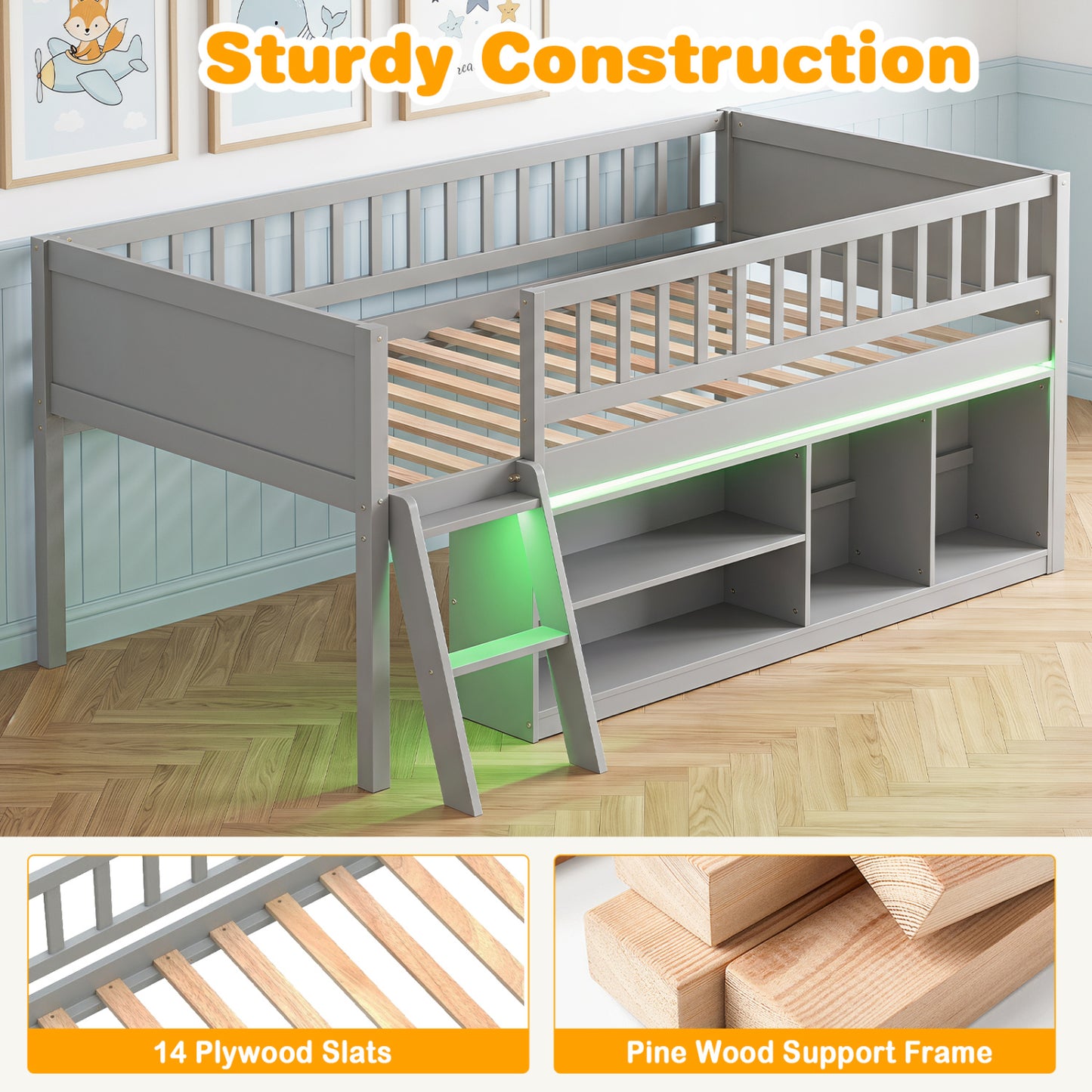 Twin Loft Bed with LED Lights, Bookshelves, Guardrails, Gray