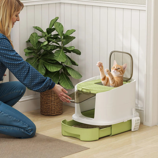 Enclosed Cat Litter Box With Lid, Scoop, Top Entry, Deodorization Bags, Drawer Type, Green Cat Litter Box Enclosures Green, White, Black at Gallery Canada