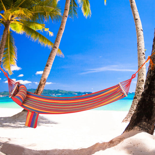 Portable Cotton Hammock Swing Chair, With Headrest And Side Pocket, Rainbow Stripes Camping Hammocks Rainbow Stripes at Gallery Canada