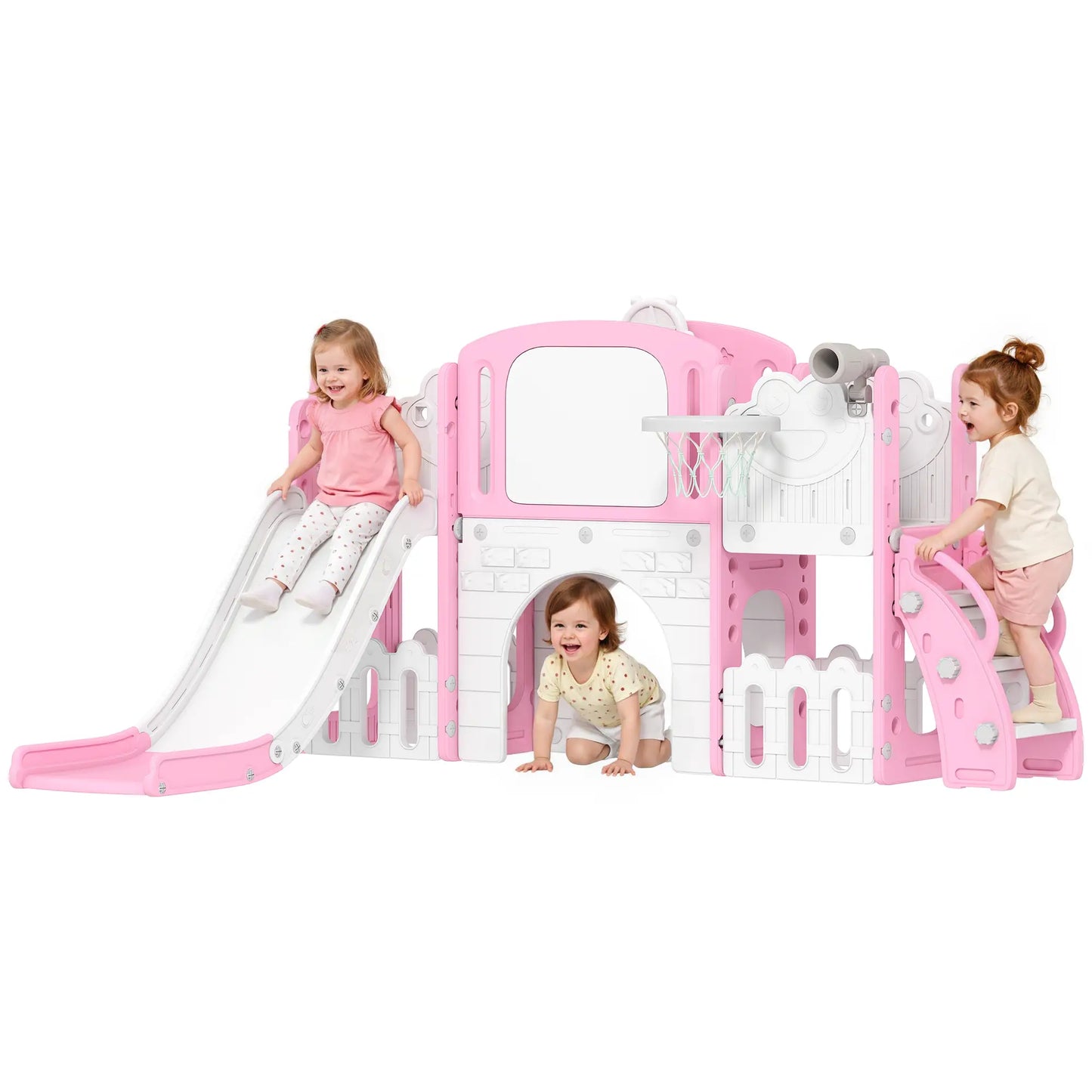 7 In 1 Toddler Slide With Basketball Hoop, Climbing Frame, Telescope, Drawing Board, Storage Box, Pink Gym Sets & Swings at Gallery Canada