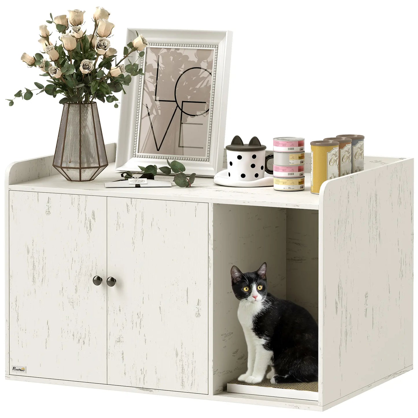 32" Cat Litter Box Enclosure, Scratching Mat, Cat Entrance, Distressed, White Cat Litter Box Enclosures at Gallery Canada