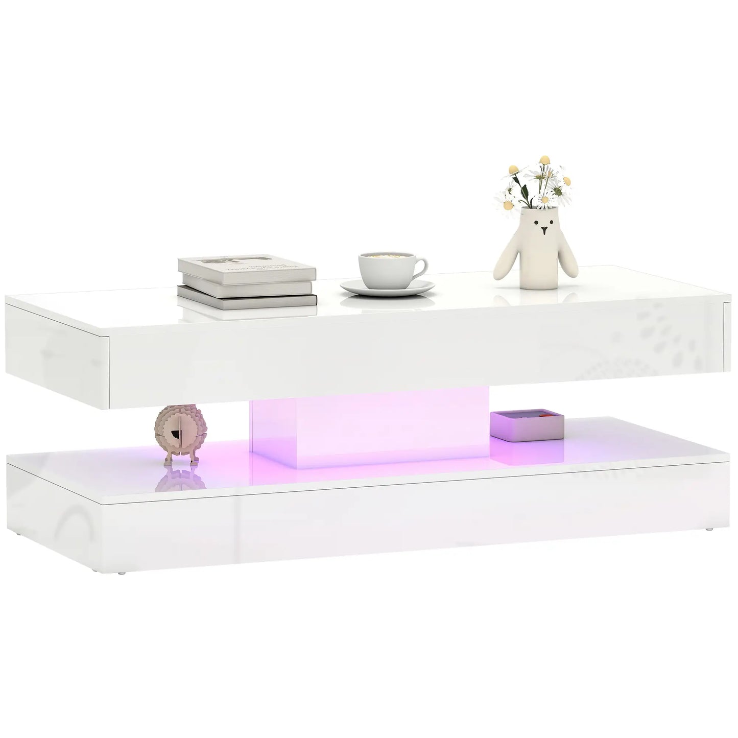 Adjustable LED Coffee Table, 2 Drawers, Open Shelf, Remote, High Gloss White, White Coffee Tables at Gallery Canada