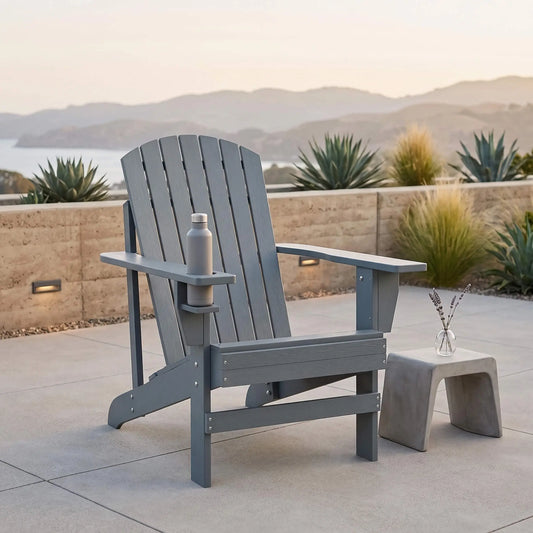 Classic Adirondack Chair, Garden Deck Chair with Cup Holder, Dark Grey