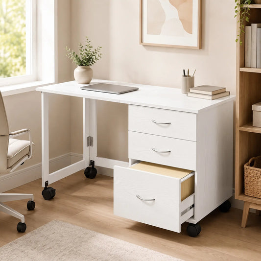 Foldable Computer Desk, 3 Drawers, White Computer Desks White, Silver Tone at Gallery Canada