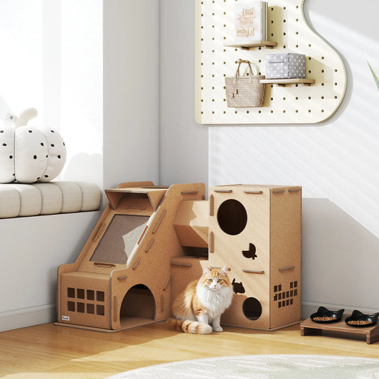 Multi-Level Cardboard Cat House, Corrugated Play Condo with Scratching Pads Cat Posts Brown at Gallery Canada