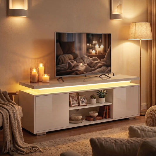 TV Stand For TVs Up To 60 In, Led Lights, Power Outlets, High Gloss White, White TV Stands High Gloss White at Gallery Canada