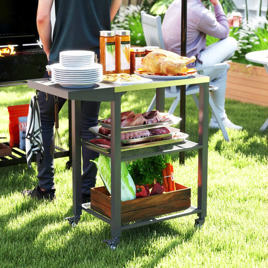 Outdoor Grill Cart With Foldable Side Table, 3-Tier Pizza Oven Stand