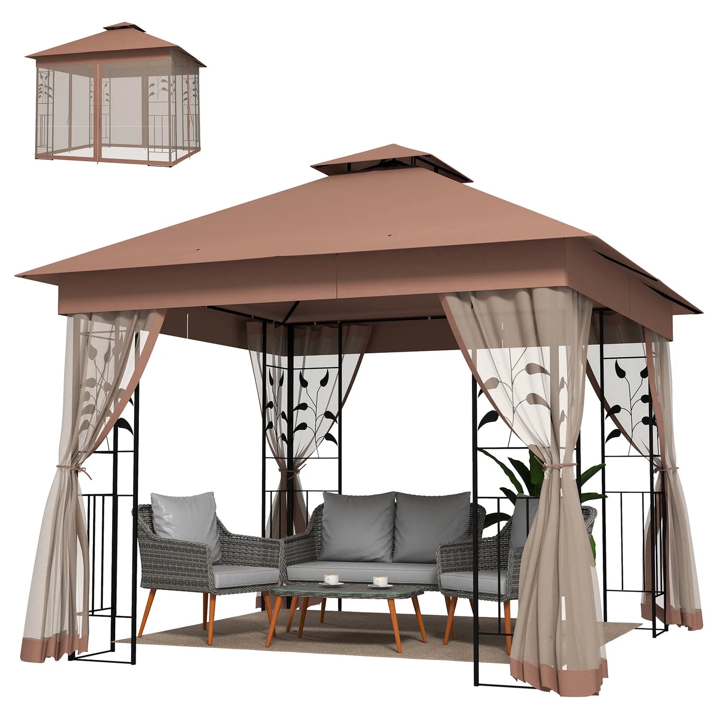 10'x10' Dark Brown Steel Patio Gazebo, Soft-Top Sun Shelter, Dark Brown Gazebos at Gallery Canada