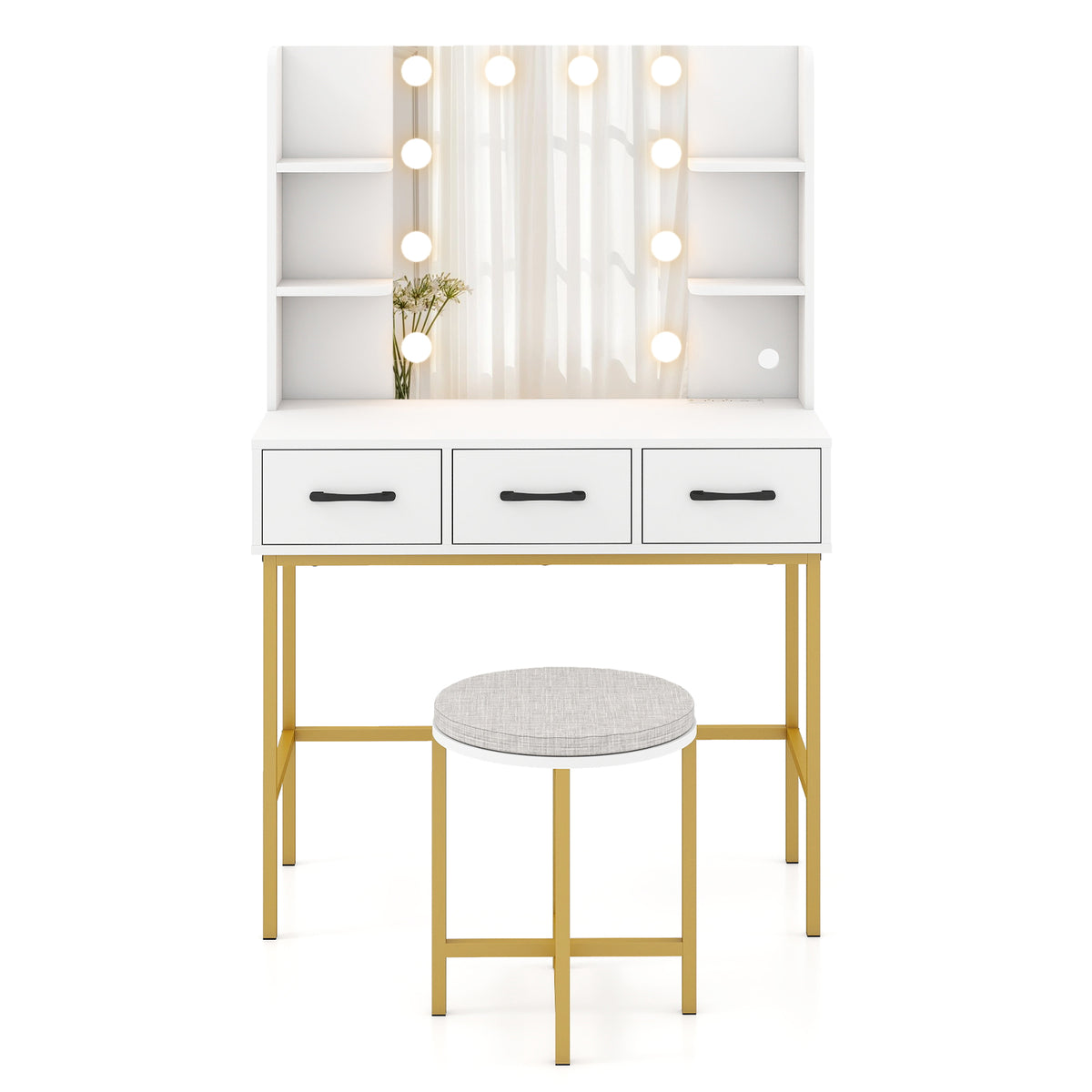 Vanity Desk with Mirror and Lights Makeup Dressing Table and Cushioned Stool Set, White Makeup Vanities at Gallery Canada
