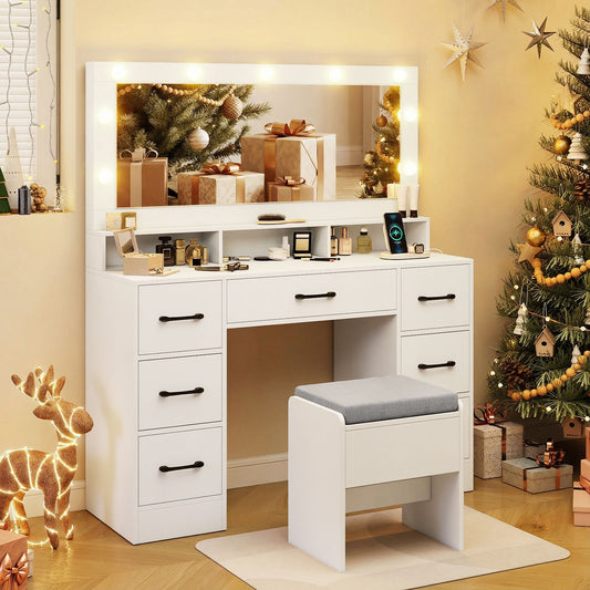 Vanity Desk with Mirror and Lights Makeup Table with Power Outlets, White Makeup Vanities White at Gallery Canada