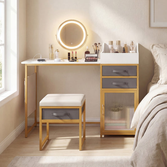 Vanity Desk with Rotatable Lighted Mirror 55 Inch Makeup Vanity Table, White Makeup Vanities White at Gallery Canada
