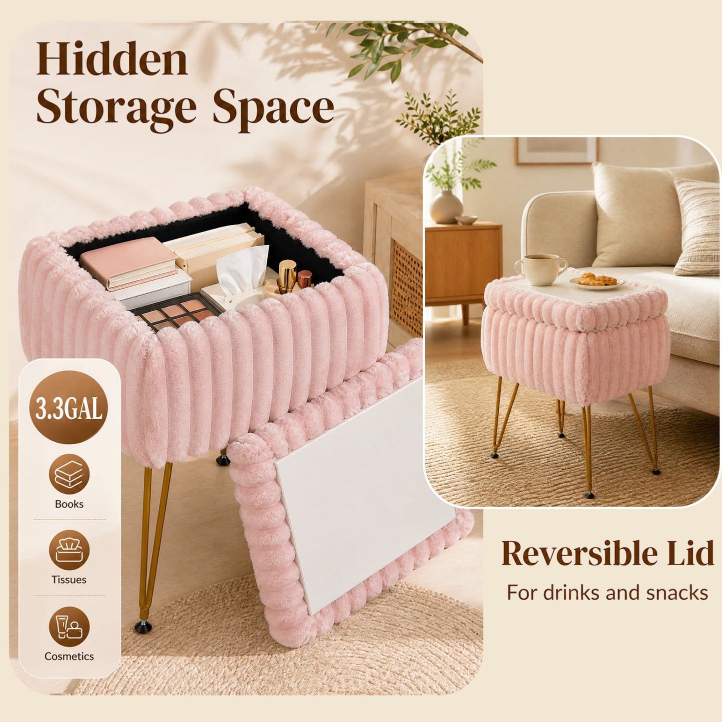 Vanity Stool with Storage, Faux Fur Ottoman, Pink