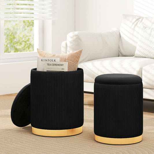 Velvet Linen Fabric Storage Ottoman Set, 2 Piece, Black Ottomans Black at Gallery Canada