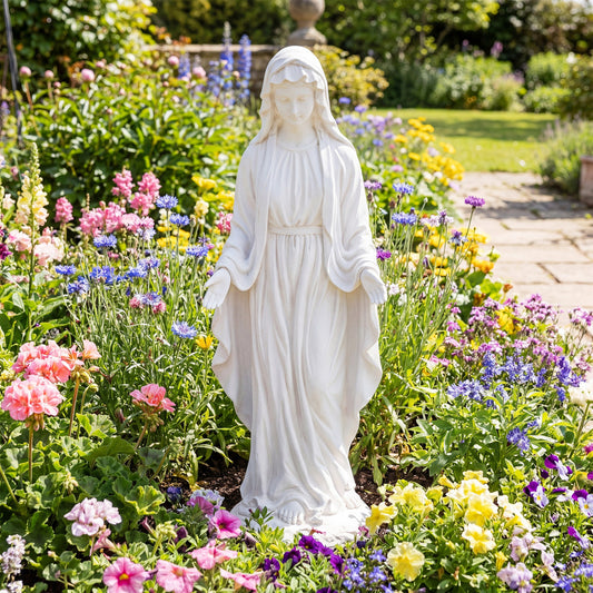 Virgin Mary Statue, 29.5 Inch, Outdoor Religious Sculpture, Aged Finish, White Outdoor Decor White at Gallery Canada