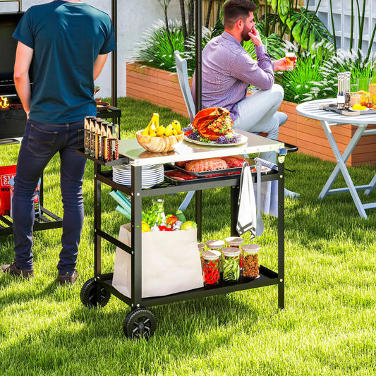BBQ Stand With Stainless Steel Top, Adjustable Shelf, Hooks, Seasoning Tray Outdoor Grill Carts Black, Silver Tone at Gallery Canada