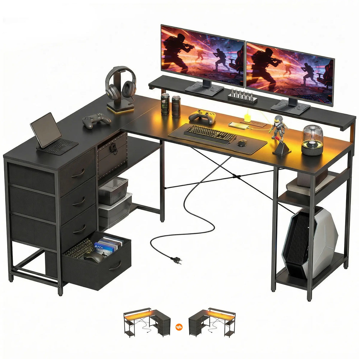Gaming Desk With Power Outlets, LED Lights, Drawers, Monitor Stand, 61", Black Gaming Desks at Gallery Canada
