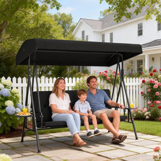 3-Seat Outdoor Swing With Adjustable Canopy, Side Tray, Black Patio Swings with Stand Black at Gallery Canada