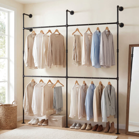 Wall Mounted Pipe Clothing Rack, 4 Hanging Rods, Black Clothing & Closet Storage Black at Gallery Canada