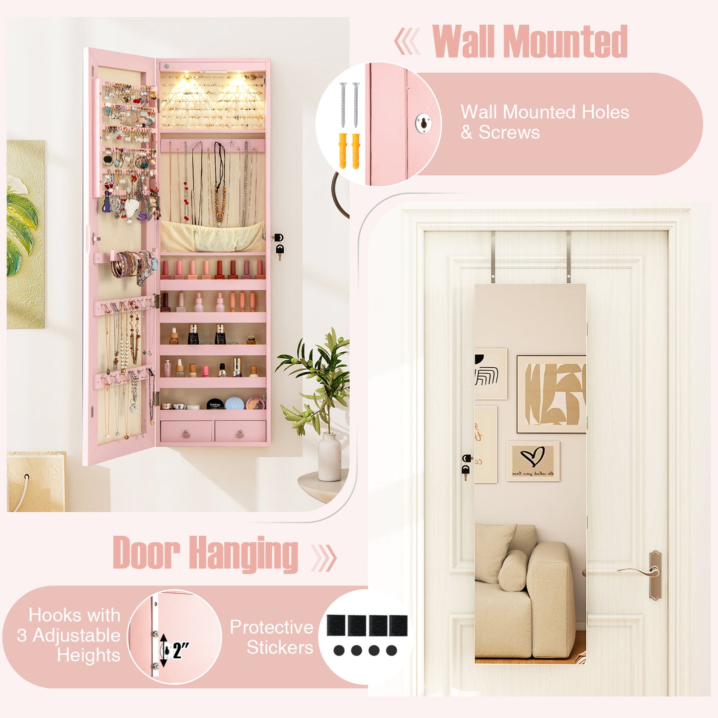 Wall Mounted Mirrored Jewelry Cabinet With Lights, Pink Jewelry Armoires at Gallery Canada