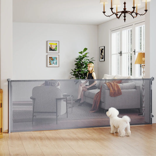 Retractable Dog Gate, 41" Tall, 122" Wide, Mesh Pet Gate Pet Gates Grey at Gallery Canada