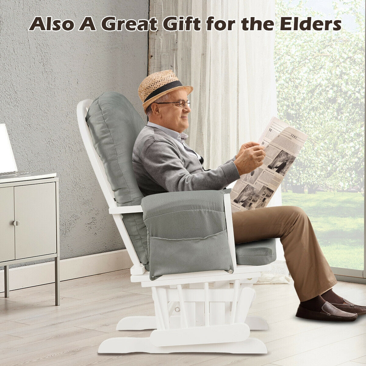 Wood Glider Ottoman Set, Padded Armrests, Detachable Cushion, Light Gray Recliners at Gallery Canada