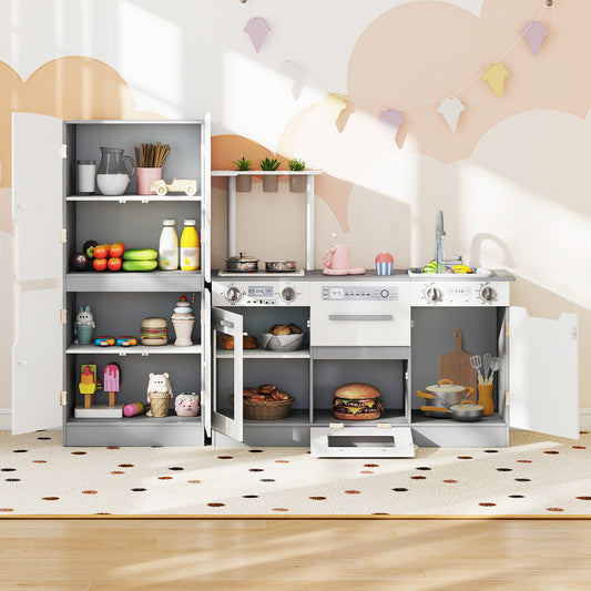 Wooden 2 Piece Kids Kitchen Playset with Fridge and Running Water, Gray Play Kitchen Sets Gray at Gallery Canada