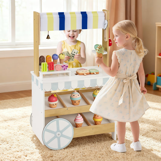 Wooden Ice Cream Cart for Kids 2-in-1 Grocery Store Playset with Display Shelves, White Play Kitchen Sets White at Gallery Canada