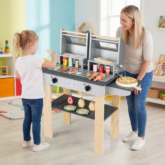 Wooden Kids Barbecue Grill Playset With Tools, Foods, Gray Play Kitchen Sets Gray at Gallery Canada