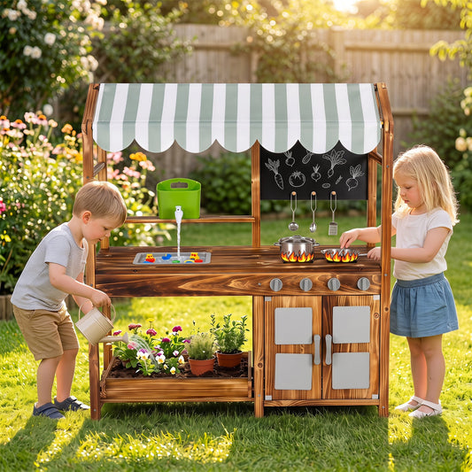Wooden Kids Mud Kitchen, 8 Accessories, 2-Sided Chalkboard, Brown Play Kitchen Sets Brown at Gallery Canada